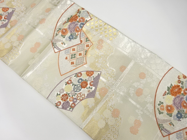 格子に地紙・菊・古典柄模様織出し袋帯